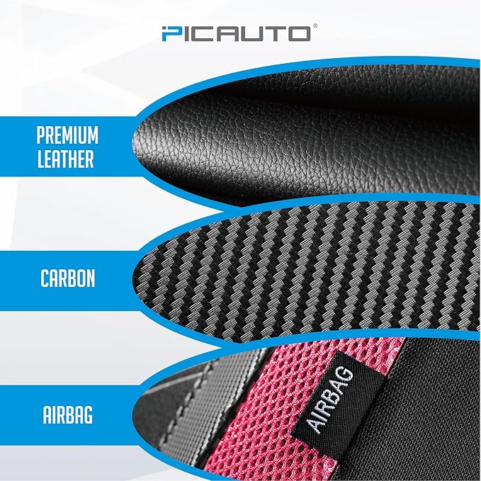 PIC AUTO Leather Car Seat Covers, Sports Carbon Fiber & Mesh Design, High-Back Front & Rear Full Set, Waterproof Automotive Seat Covers, Airbag Compatible, Universal Fit for Most Cars (Black&HotPink)