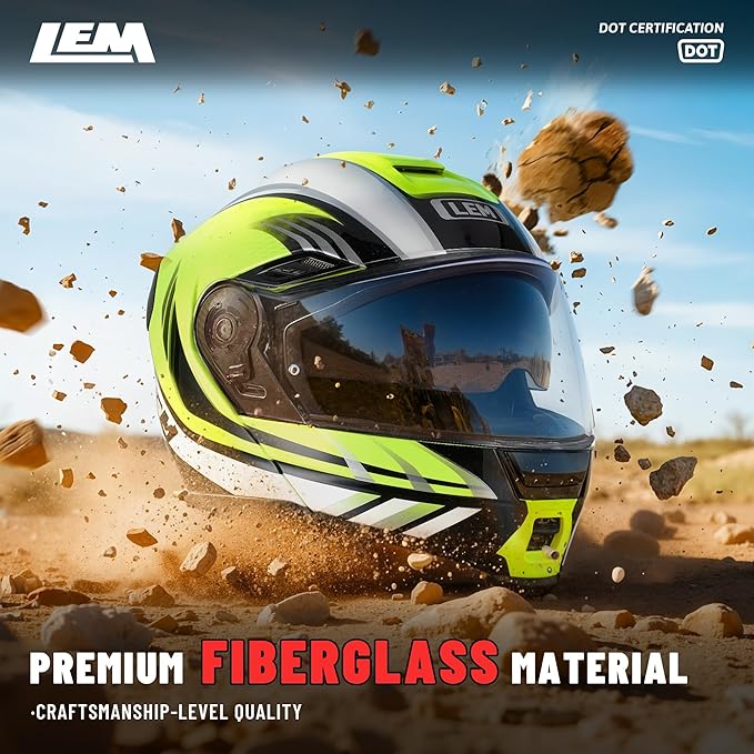 LEM Modular Motorcycle Helmets Fiberglass, Full Face Motorcycle Helmet Flip Up for Touring, DOT Certified, Release Sun Visor & Removable Comfort Liner, Lightweight Street Bike Helmet (Yellow, S)