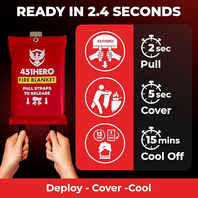 Emergency Fire Blanket – 1 Pack, Triple Certified, Comfort Weave Skin-Safe Fiberglass, Fire Blanket for Kitchen, Home & Camping | Fast Deployment, Mess-Free, Trusted Protection