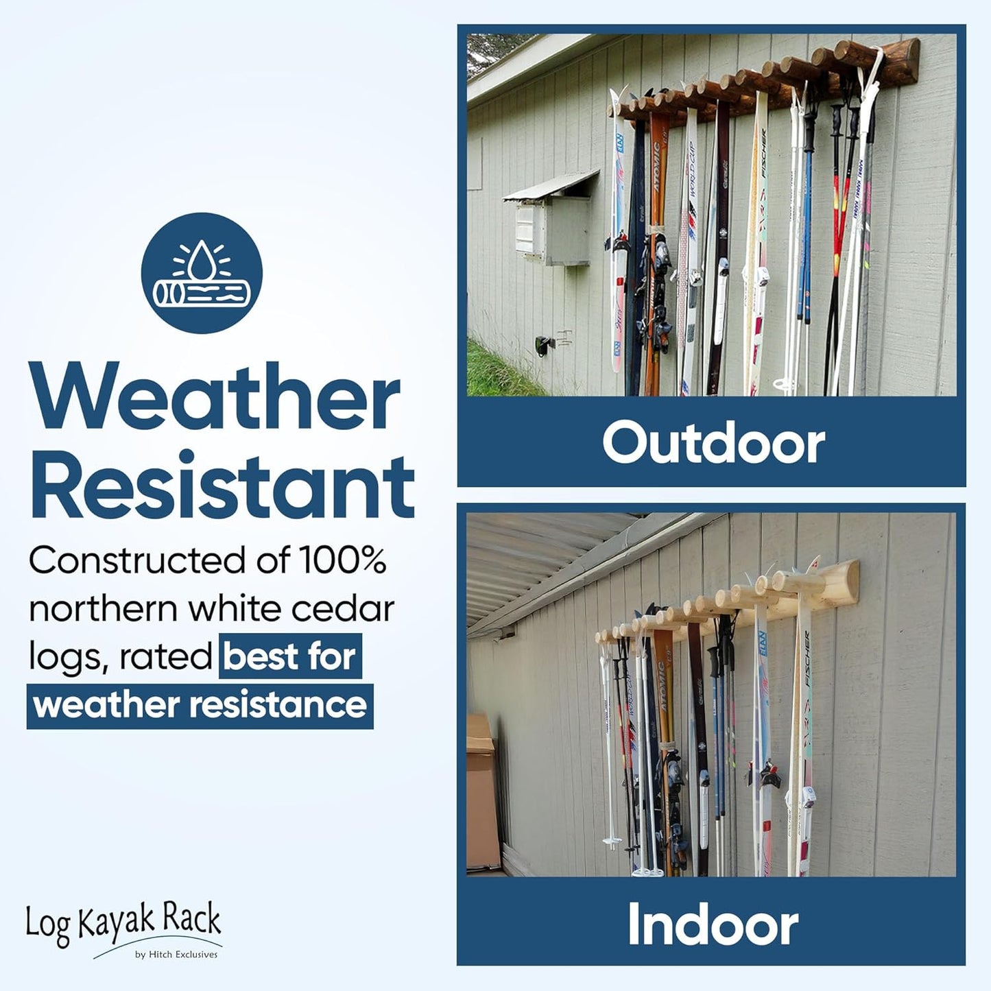 14-Place Log Ski Rack Wall Mount, Indoor Ski Storage Rack for Garage Organizers, Wooden Skis Wall Mount Storage Racks, Pole Skis Sports Racks, Garage Organization Walls - Natural