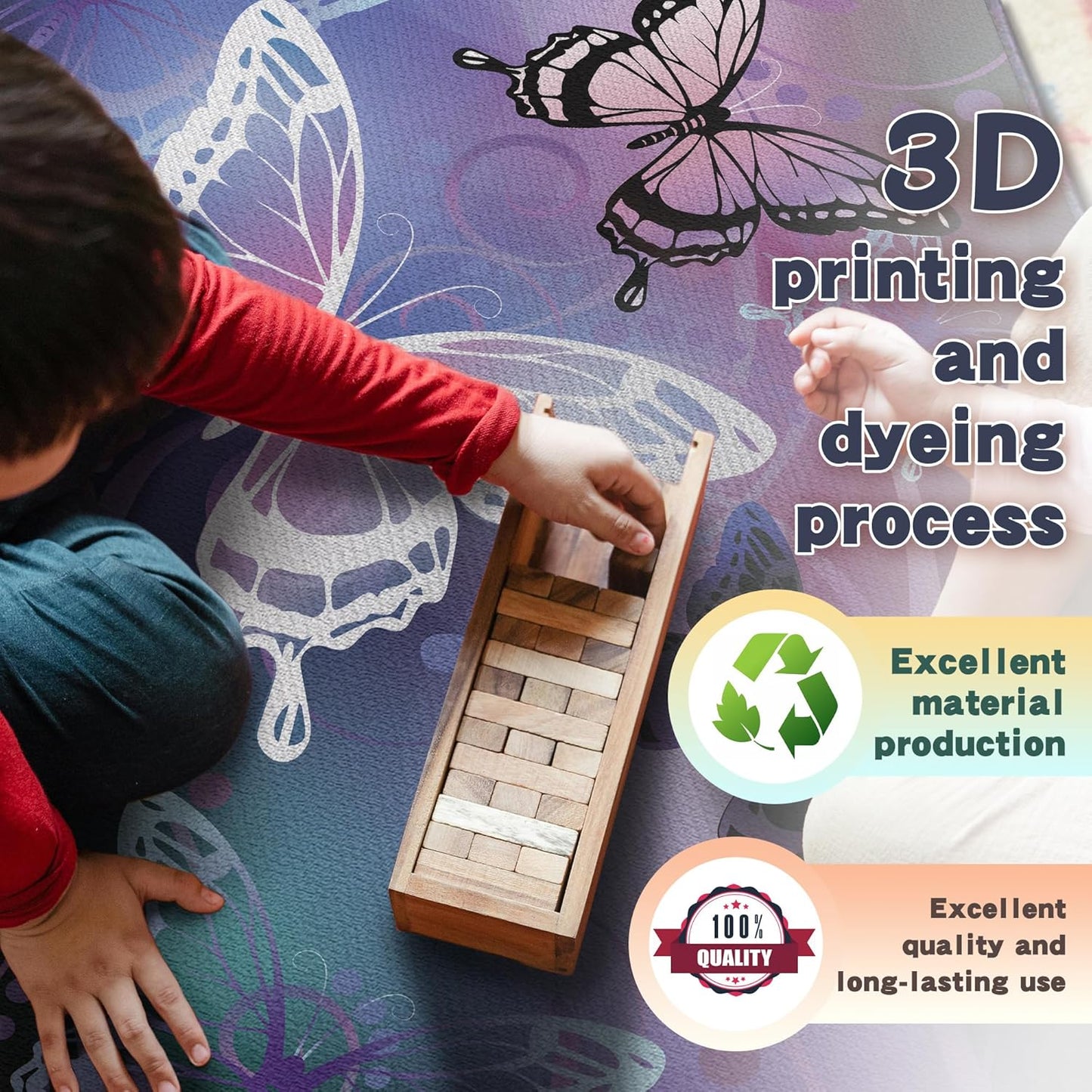 Beautiful Butterfly Fantasy Rug for Playroom Girls Bedroom Colorful Rainbow Butterfly Decor Area Carpet 3x4 Purple Mat 3D Printed Non-Slip Washable