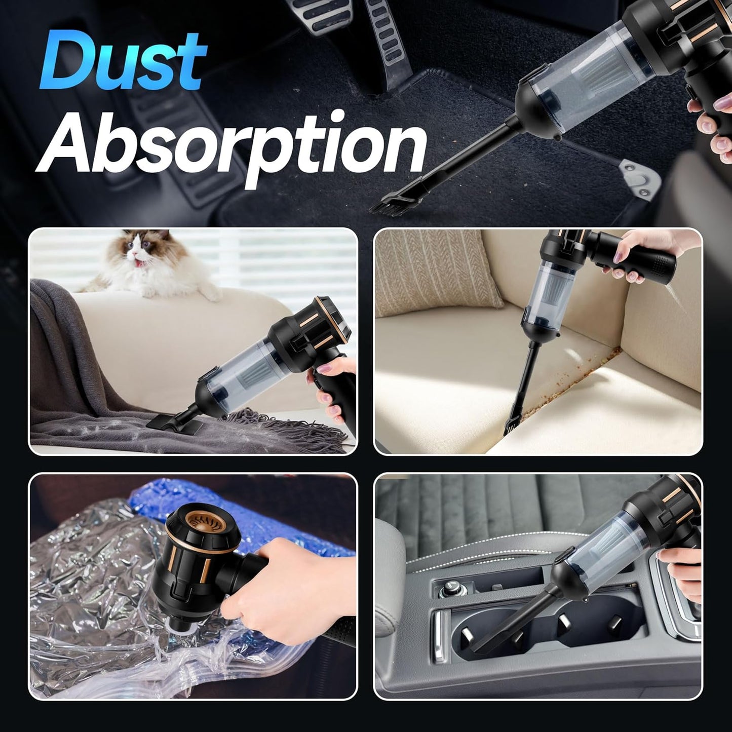 Portable Cordless Mini Car Vacuum Cleaner 16KPa - 80000RPM Brushless Motor Handheld 4-in-1 Compressed Air Duster & Air Blower & Pump Hand Held Vacuum for Car, Home, Office, Camping, Pet