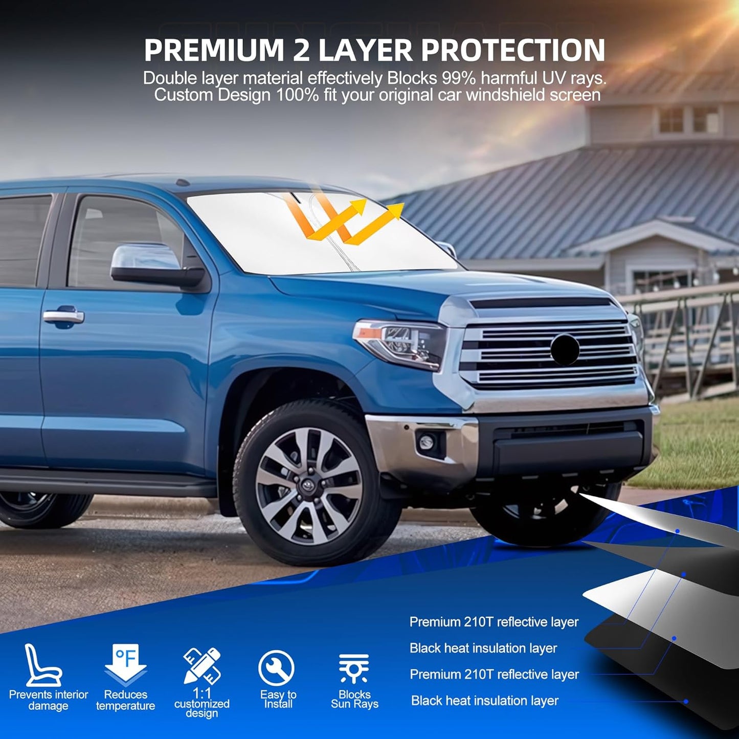 Windshield Sun Shade for Toyo-ta Tundra 2007-2021 Foldable Sunshade Custom Fit Front Window Car Interior Accessories Protector Blocks UV Rays