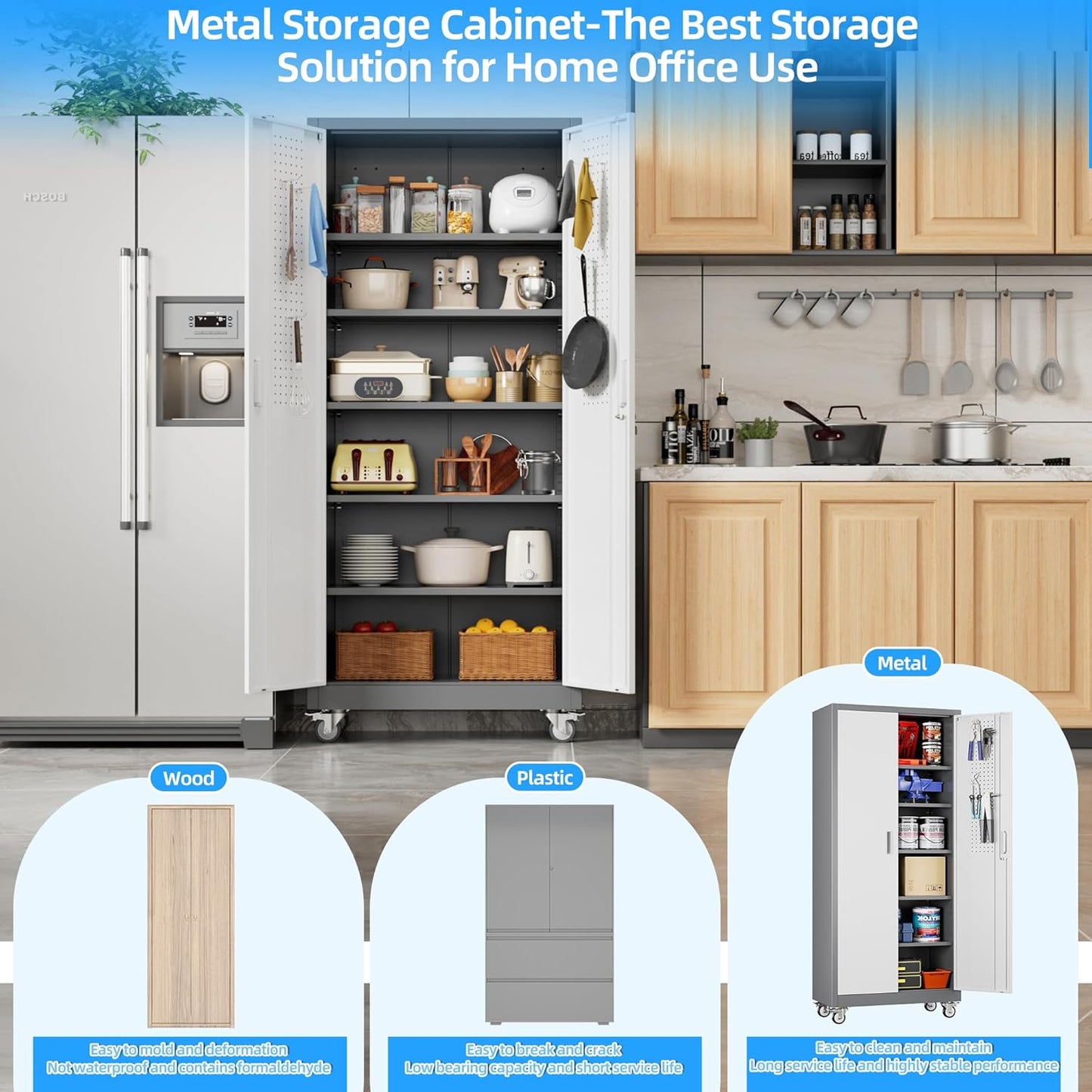 Metal Garage Cabinet with Wheels and Pegboard 71'' x 32'' x 16'', Lockable Rolling Steel Cabinet with 5 Adjustable Shelves and Door for Garage, Office, Kitchen, Assembly Required
