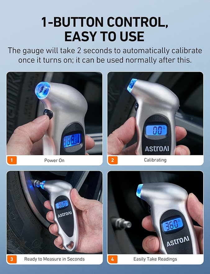 AstroAI Digital Tire Pressure Gauge 0-150PSI, Accurate in 0.1 Increments, Backlit LCD and Presta Valve Adaptor Included, 4 Units of Measurement for Car Truck Bicycle, Silver