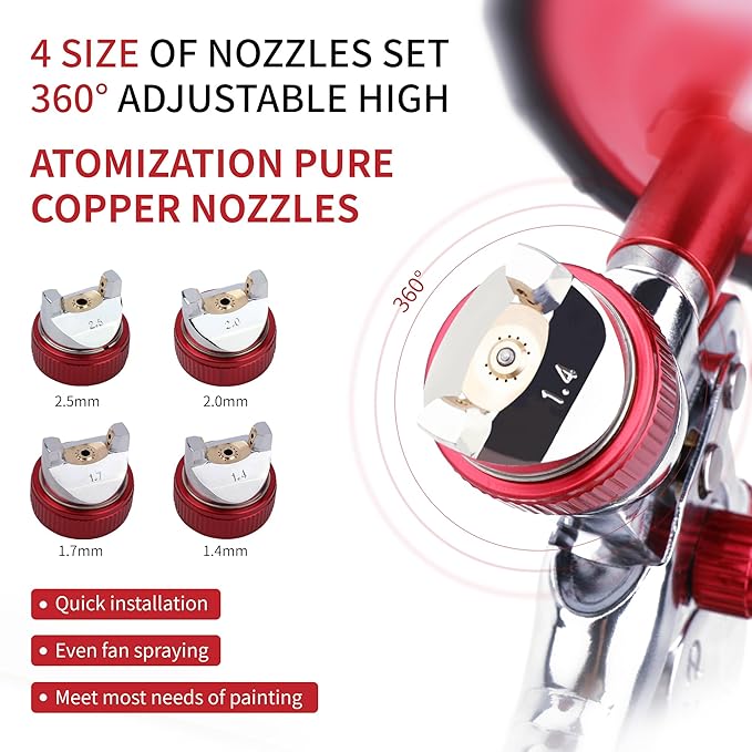 HVLP Spray Gun with 10Pcs 600ML Disposable Paint Cups, Automotive Gravity Feed Spray Gun Kit with 4 Nozzles,1.4/1.7/2.0/2.5mm, Sprayer Gun with Air Compressor Regulator for Auto Paint (RED)