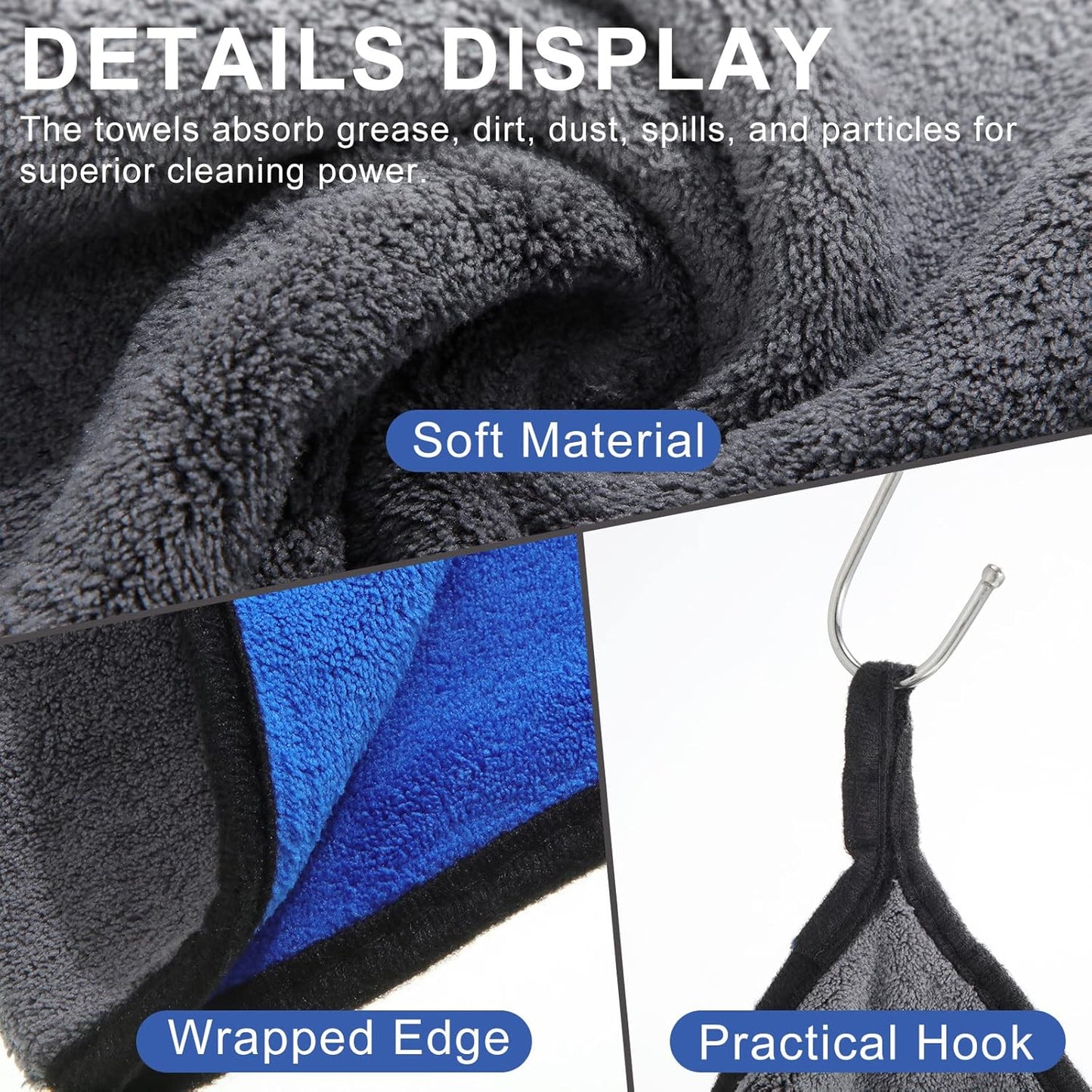 Nuenen 20 Count Microfiber Cleaning Towels for Cars 800 GSM Thick Plush Microfiber Cleaning Cloth Dusting Cloth Auto Detailing Absorbent Towels for Car Kitchen Window, 15.75 Inch(Grey and Blue)