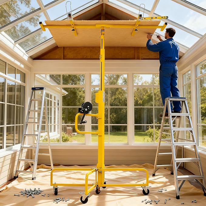 16FT Drywall Lift Sheetrock Lift, 150LBS Drywall Lift Panel Hoist with 4 Lockable Wheels for Ceiling, Drywall Rolling Lifter Panel, Drywall Jack Lift for Home & Commercial Use, Yellow