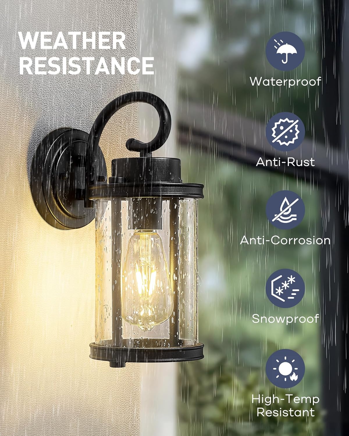 kudos Porch Lights, 12.5 inch Cylinder Outdoor Wall Light, E26 Sockets, Anti-Rust Waterproof Light Fixtures Wall Mount for Patio, Black with Seeded Glass, KDOWL01-BK