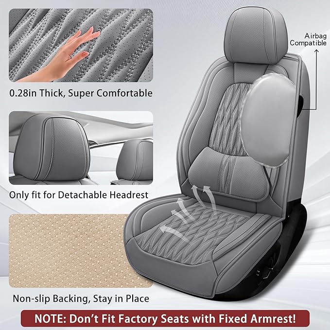 WELLDO Car Seat Covers Full Set, Premium Nappa Leather Seat Covers for Car, Waterproof Car Seat Protector with Lumbar Support, Automotive Seat Covers Universal Fit for Most Cars SUV Truck, Gray,w02.
