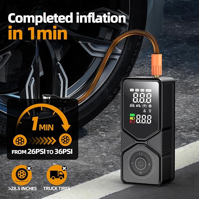 Tire Inflator Portable Air Compressor - 150PSI Cordless Air Pump for Car Tires with Digital Pressure Gauge, Auto Shut Off & LED Emergency Light, 12V DC Power for Car, Bikes, Motorcycles, Balls