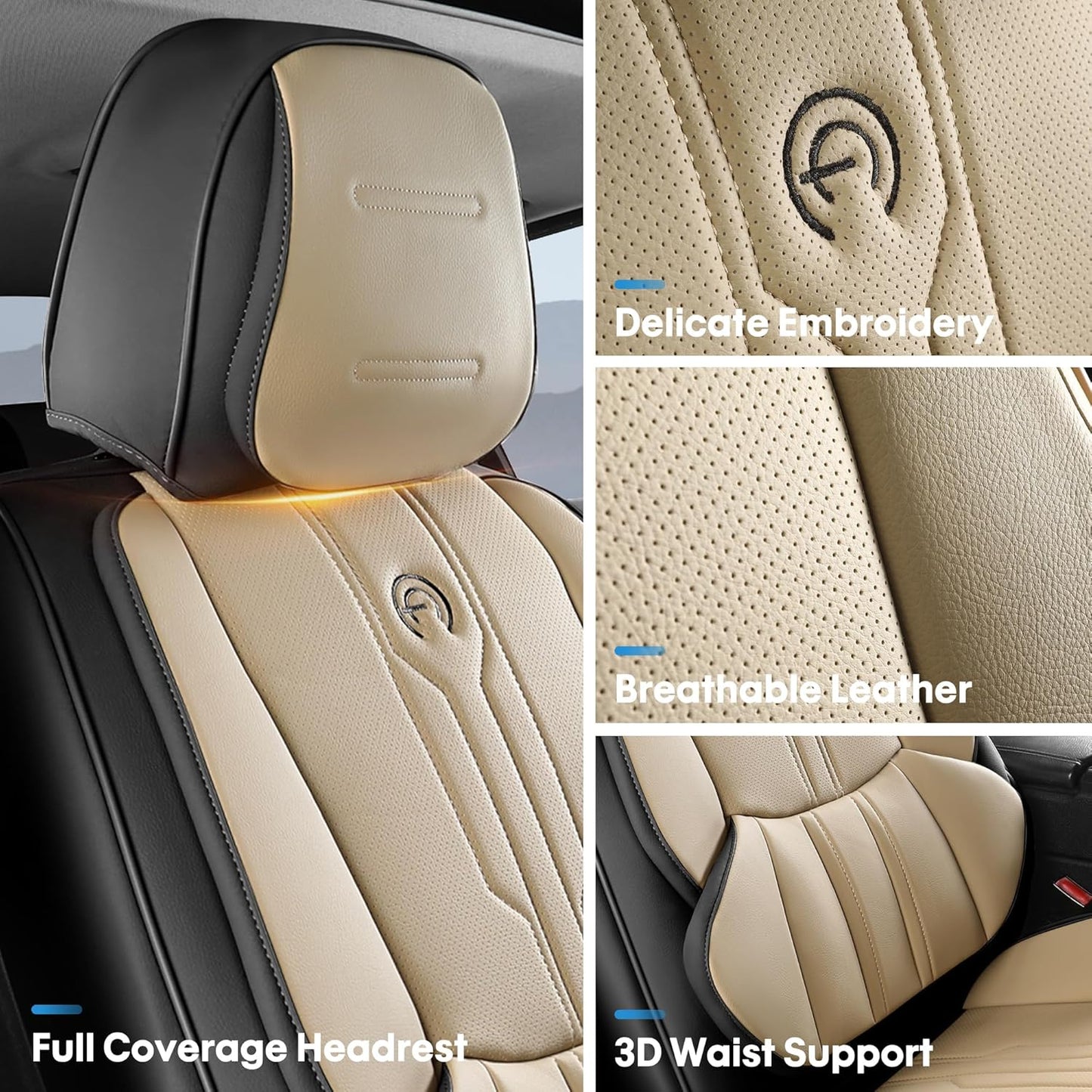 AOOG Front Seat Covers, Car Seat Covers Front Seats, Leather Seat Covers for Cars, Waterproof Seat Covers with Lumbar Support Universal Fit for Most Cars SUV Trucks(Front Pair, Beige&Black)