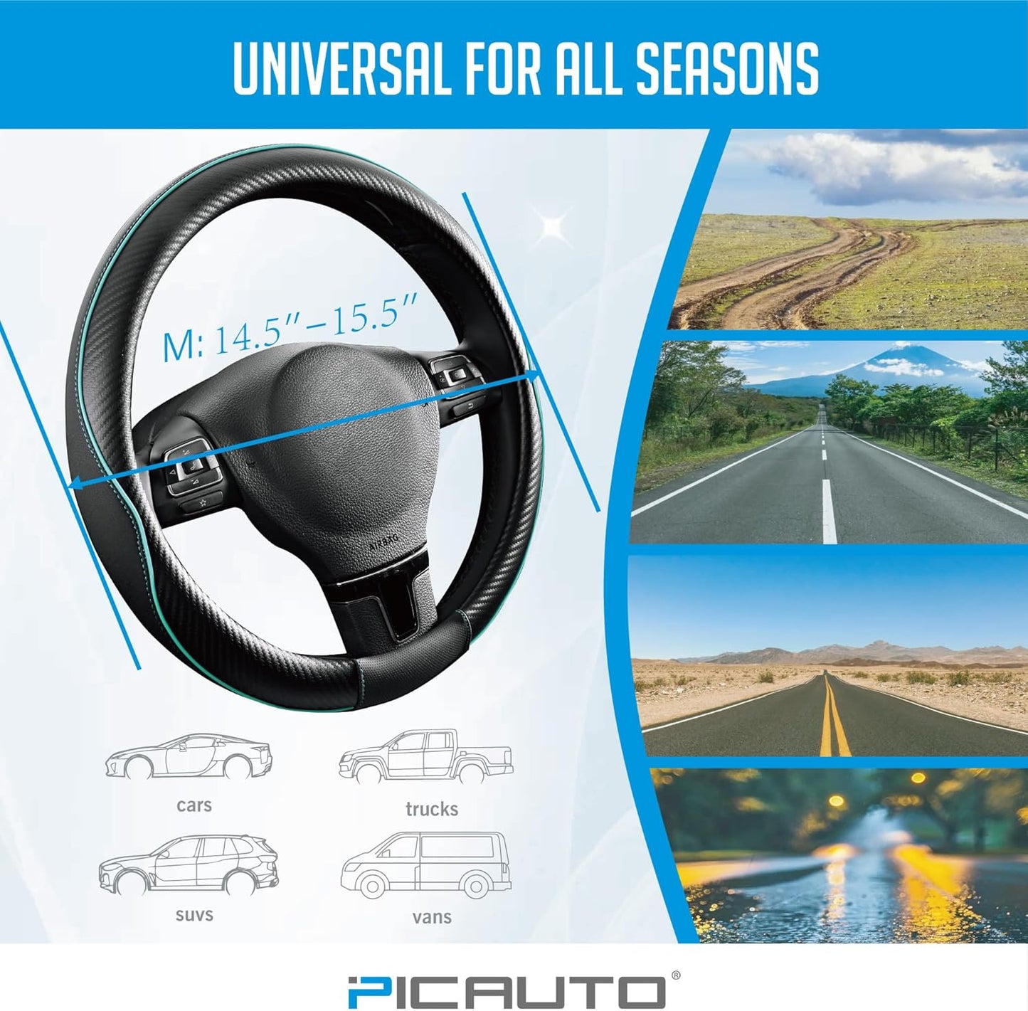 PIC AUTO Steering Wheel Cover, Mint Piping Leather, Sports Carbon Fiber and Super Breathable Leather, Universal 14.5-15.5 Inch Anti-Slip Steering Wheels Accessories for Men & Women