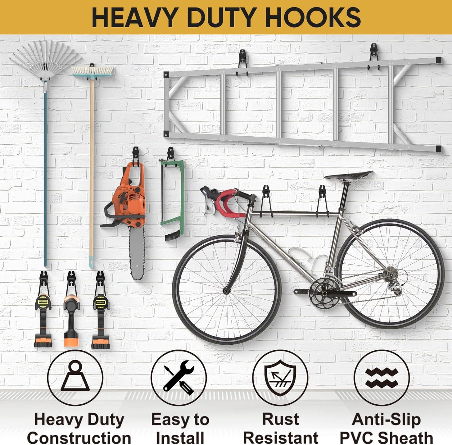 TICONN 2 Pack Heavy Duty Garage Hooks, Steel Utility Wall Storage Hooks, Wall Mount Hanger Organizer for Ladders, Bikes, Tools, Bulky Items (Large, Yellow Square)