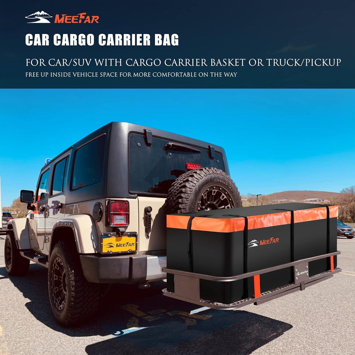 MeeFar Hitch Mount Cargo Carrier Bag Soft Shell 100% Waterproof 15 Cubic Feet (58" 19" 24") Include 8 Reinforced Straps for Truck Pickup All Vehicle with Steel Cargo Basket