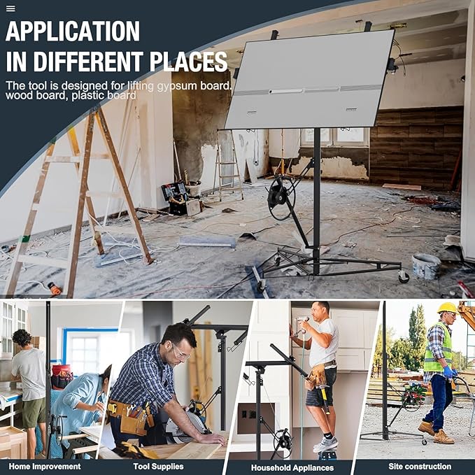 11FT Drywall Lift Sheetrock Lift, 150LBS Capacity, Drywall Lift Panel Hoist with Telescopic Arm, Drywall Jack Lift with 3 Lockable Wheels for Home Improvement, 4'x16' Panel Size, Black