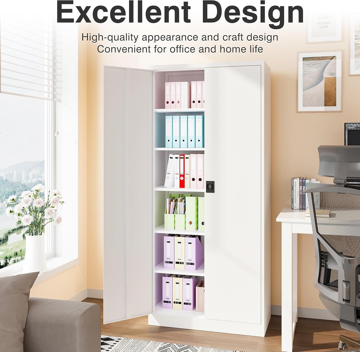 Wide & Deep Metal Storage Storage Cabinet with 5 Adjustable Shelves,White Metal Cabinet with Lock,Steel Pantry Cabinets,72" Lockable Cabinets for Home,Office,Garage,Kitchen,Shop