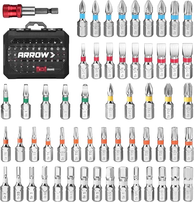 ARROW 59-Piece 1/4" Screwdriver Bit Set, S2 Steel Color-Coded Bits with Magnetic Bit Holder & Storage Case, Compatible with Power Drill, Screwdriver, and Mini Ratchet Wrench