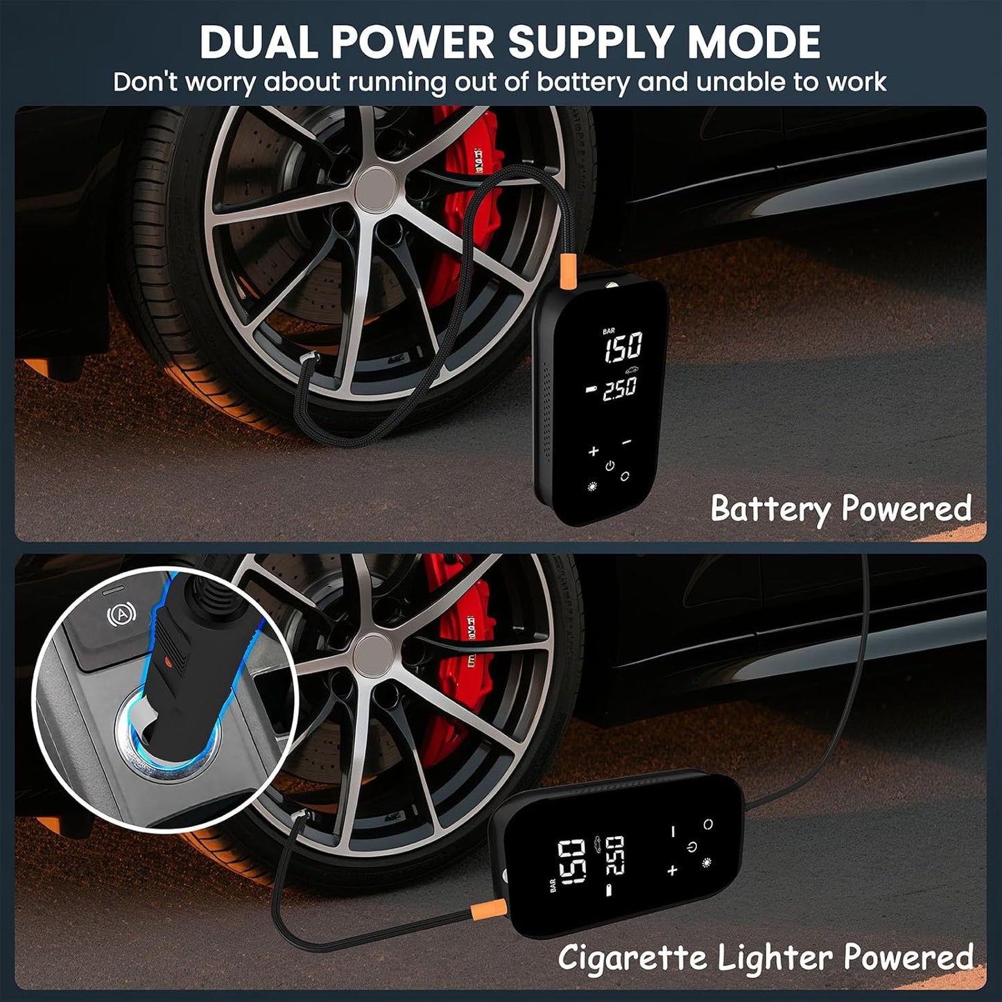 Tire Inflator Portable Air Compressor, 6X Faster 150 PSI 12000mAh Battery Air Compressor, Dual Digital Display Air Pump with Lighting - Portable Tire Inflator for Car, Bicycle, Auto Shut-Off