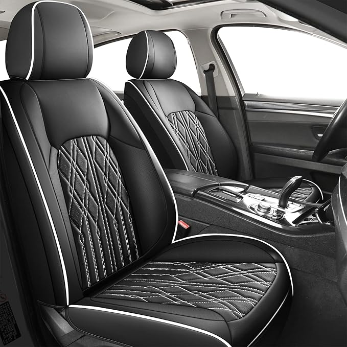 Huidasource Leather Seat Covers Full Set, Waterproof Breathable Car Seat Cover for Sedan SUV Pickup Truck, Universal Fit for BMW for Buick for Subaru for Lexus for Volvo (Full Set/Black&White)
