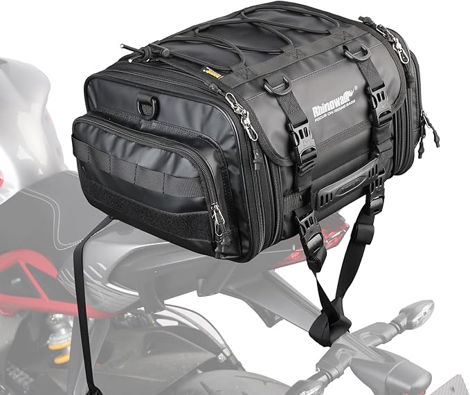 Rhinowalk Motorcycle Tail Bag 19-26L Expandable Waterproof Motorbike Saddle Bag Powersports Travel Luggage with Rain Cover & Shoulder Strap (Black, 26L)