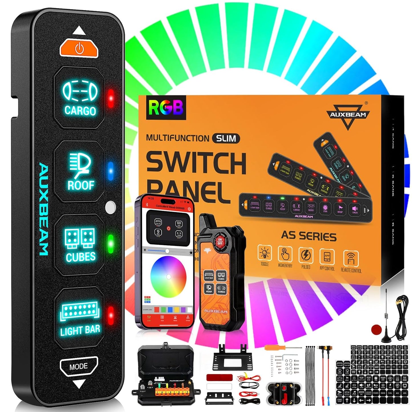 Auxbeam 4 Gang Slim Switch Panel Bluetooth RGB AS-400 with APP&Remote Control Toggle Momentary Pulsed Switch Pod Off Backlight for Truck Offroad UTV ATV Car Marine 12-24V Waterproof, 2 Years Warranty