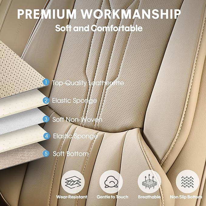 AOOG Car Seat Covers Custom Fit for Ford F150 2009-2026, Faux Leather Seat Cover Set for 2017-2026 F250 F350 F450, Accomodating Regular Cab Super Cab Super Crew Pickup Truck Cushions(Beige, Full Set)