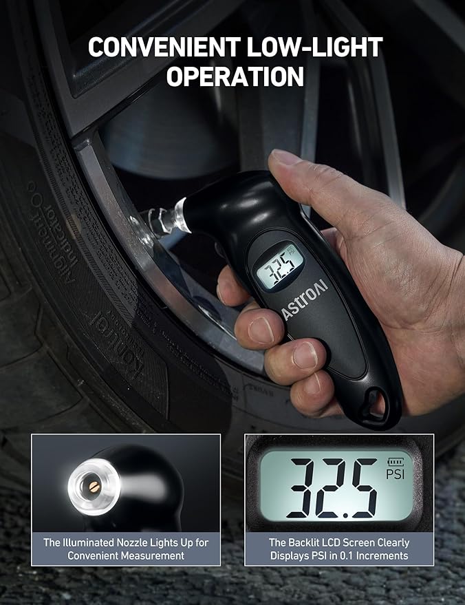 AstroAI Digital Tire Pressure Gauge 0-150PSI, Accurate in 0.1 Increments, Backlit LCD and Presta Valve Adaptor Included, 4 Units of Measurement for Car Truck Bicycle, Black