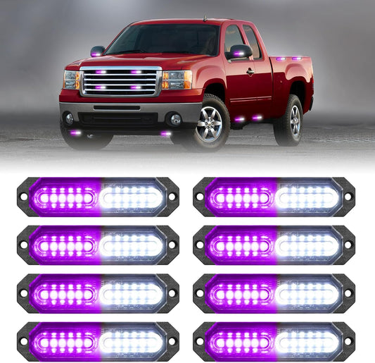 HLauto 1200T Emergency Strobe Grille Lights: 8pcs 12 LED Sync Feature Safety Warning Flashing Light, Ultra Slim Surface Mount Hazard Caution Light for Trucks, Vehicles, Car, ATV, UTV (Purple White)
