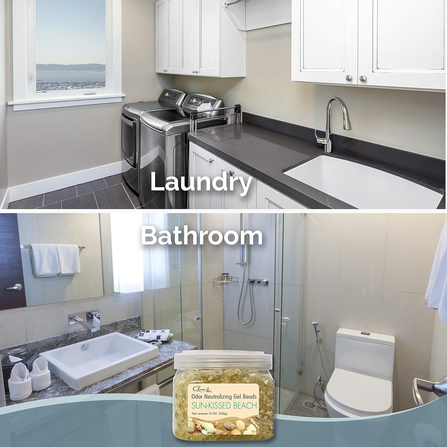 Clear Air Odor Eliminator Gel Beads - 12 oz, Pack of 2 - Air Freshener Made with Essential Oils - Eliminates Odors in Bathrooms, Cars, Boats, RVs & Pet Areas - Sun-Kissed Beach Scent