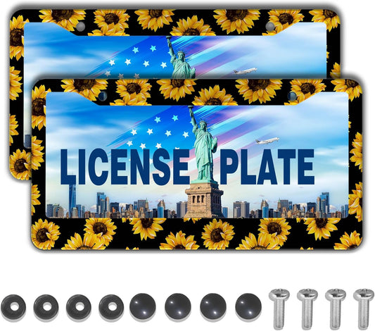 License Plate Frames Black Yellow Fun License Plate Frame Cover Aloha Hawaii Hibiscus Floral Flowers Colorful Universal Aluminum Car Accessory 2 Pack with Screw Covers Set