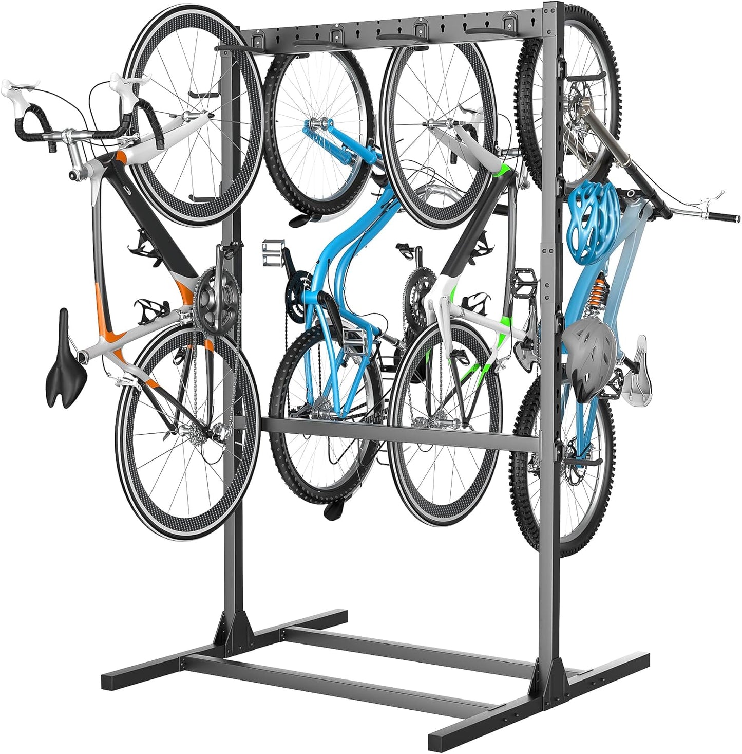 EVERHANGER Freestanding Bike Stand Rack with Adjustable Hooks, Vertical Bike Stand for Garage, Bicycle Storage Organizer, Holds Up to 7 Bikes & 7 Helmets