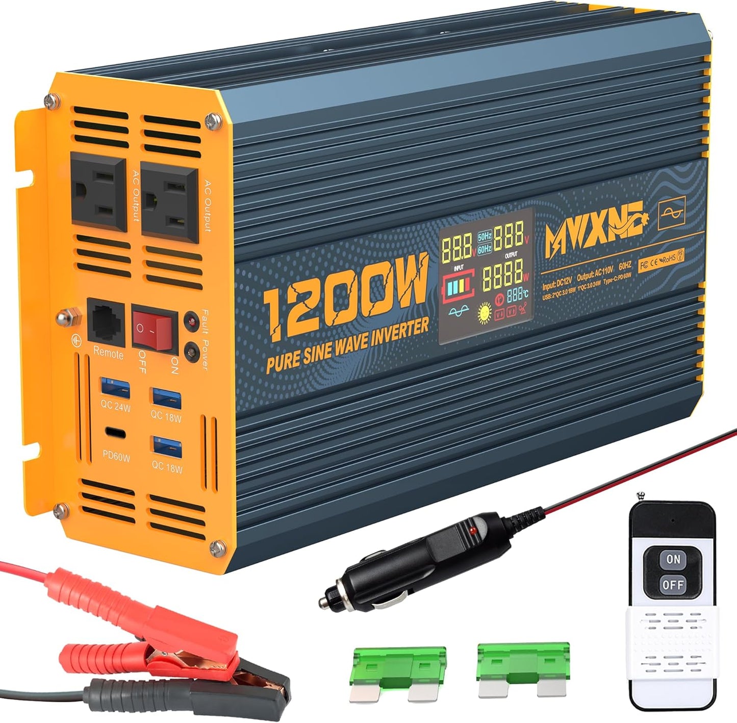 1200 Watt Pure Sine Wave Power Inverter DC 12V to 110V AC Converter with Dual AC Outlets, PD60W/QC3.0 Fast Charging USB Ports, Car Solar Inverter with LCD Display for Home RV Truck