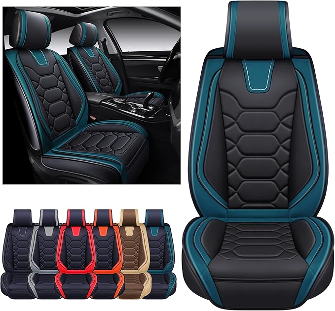 OASIS AUTO Car Seat Covers Front Seats, Waterproof Faux Leather Seat Covers for Cars Universal Fit for SUV, Truck, Sedan, Black Premium Car Seat Protector with Cushions (OS-004 Black&Teal)