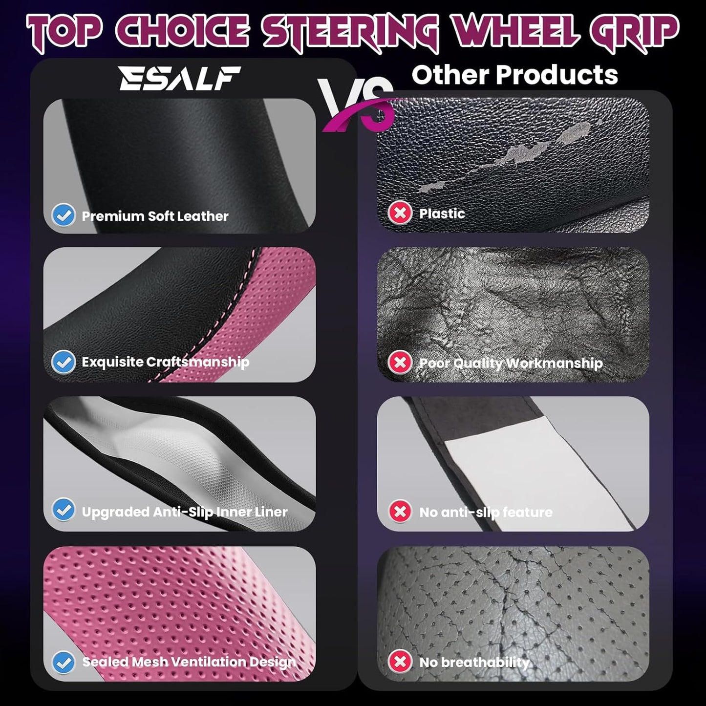 Soft Leather Steering Wheel Cover with Breathable Design and Anti-Slip Grip, Fully Compatible with Tesla, Toyota, Honda, Nissan 14.2-14.96 inch Round Steering Wheel（Sedans and SUVs）