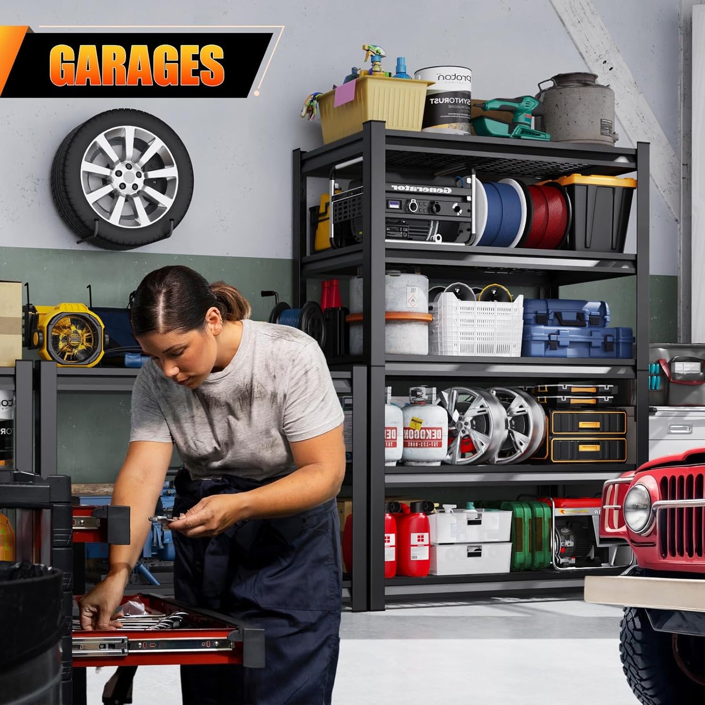 Large Garage Shelving, 5-Tier Garage Storage Shelves 3000LBS Heavy Duty Shelving Unit, Adjustable Steel Metal Shelving, Wire Shelves for Garag, Utility Rack Shelf for Basement, 81.1 ”H×45.7”W×19.7”D