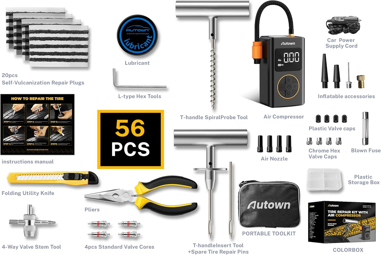 Flat Tire Repair Kit with Air Compressor 54 Pieces for Car, Motorcycle, ATV, Jeep, Truck, Tractor Flat Tire Repair (54PCS)