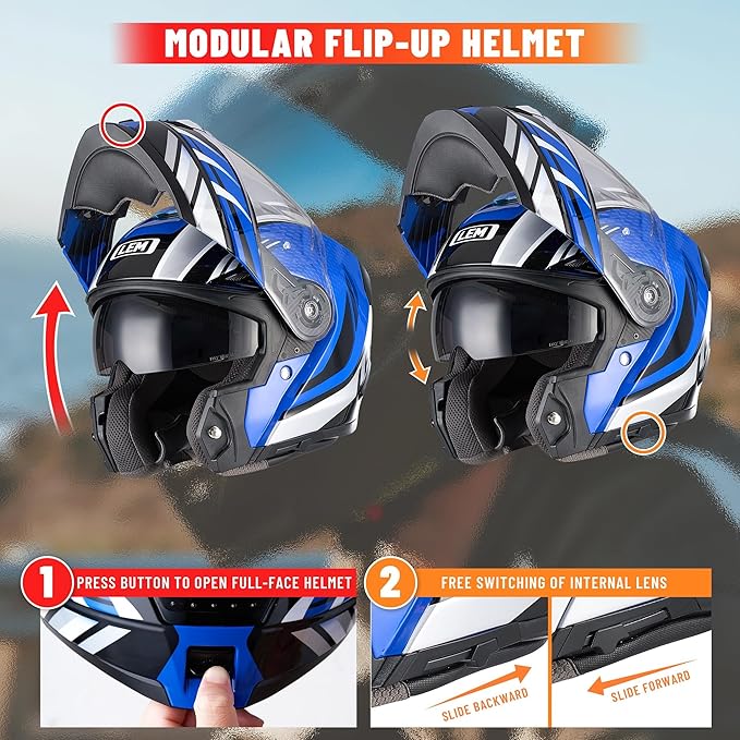 LEM Modular Motorcycle Helmets Fiberglass, Full Face Motorcycle Helmet Flip Up for Touring, DOT Certified, Release Sun Visor & Removable Comfort Liner, Lightweight Street Bike Helmet (Blue, XL)