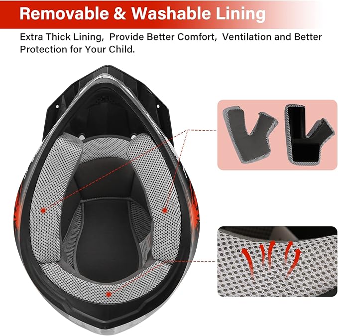 XFMT DOT Youth Kids Dirt Bike Helmet Full Face Motocross Helmets for Off-Road ATV Street Bike Four Wheeler Motorcycle with Goggles & Gloves, Black Red Firework Small