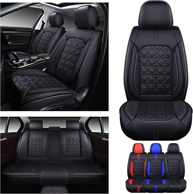OASIS AUTO Car Seat Covers Full Set Premium Waterproof Faux Leather Cushion Universal Accessories Fit SUV Truck Sedan Automotive Vehicle Auto Interior Protector (OS010-Black)