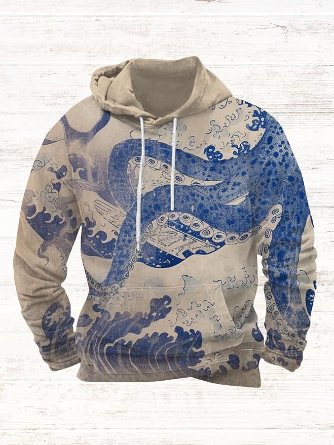 Mens Animal Print Graphic Hoodies Casual Long Sleeve Japanese Art Style Hooded Sweatshirt Lightweight Pullover Tops
