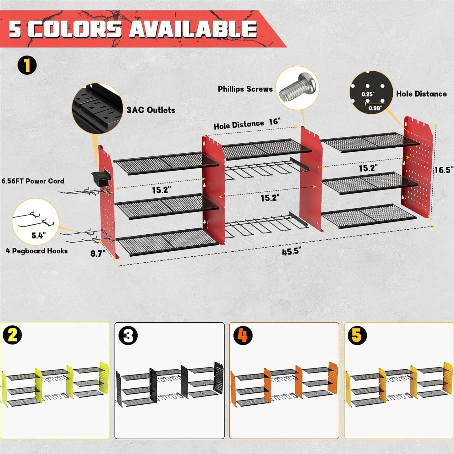 Power Tool Organizer with Charging Station Wall Mount, 3 Layer Expanded Heavy Duty Garage Organization, 45.5 Inch Length Garage Tool Storage, 8 Drills, 2 Assemble Method, Red