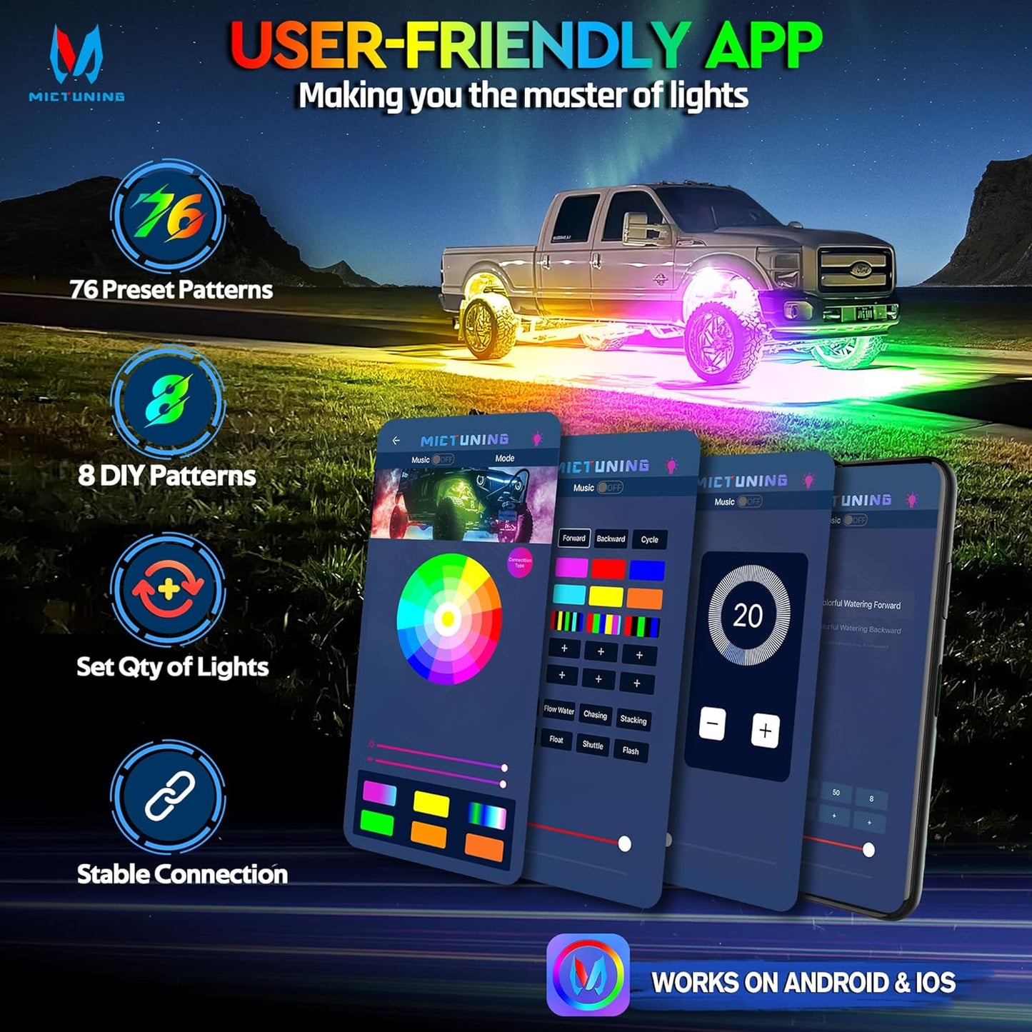 MICTUNING 2025 1000% Bright Q1 MAX RGB+IC Rock Lights,16 Pods Chasing Dreamcolor Extensible Underglow Multicolor Neon Light Underbody Lighting Kit with APP Control for Truck ATV UTV Boat