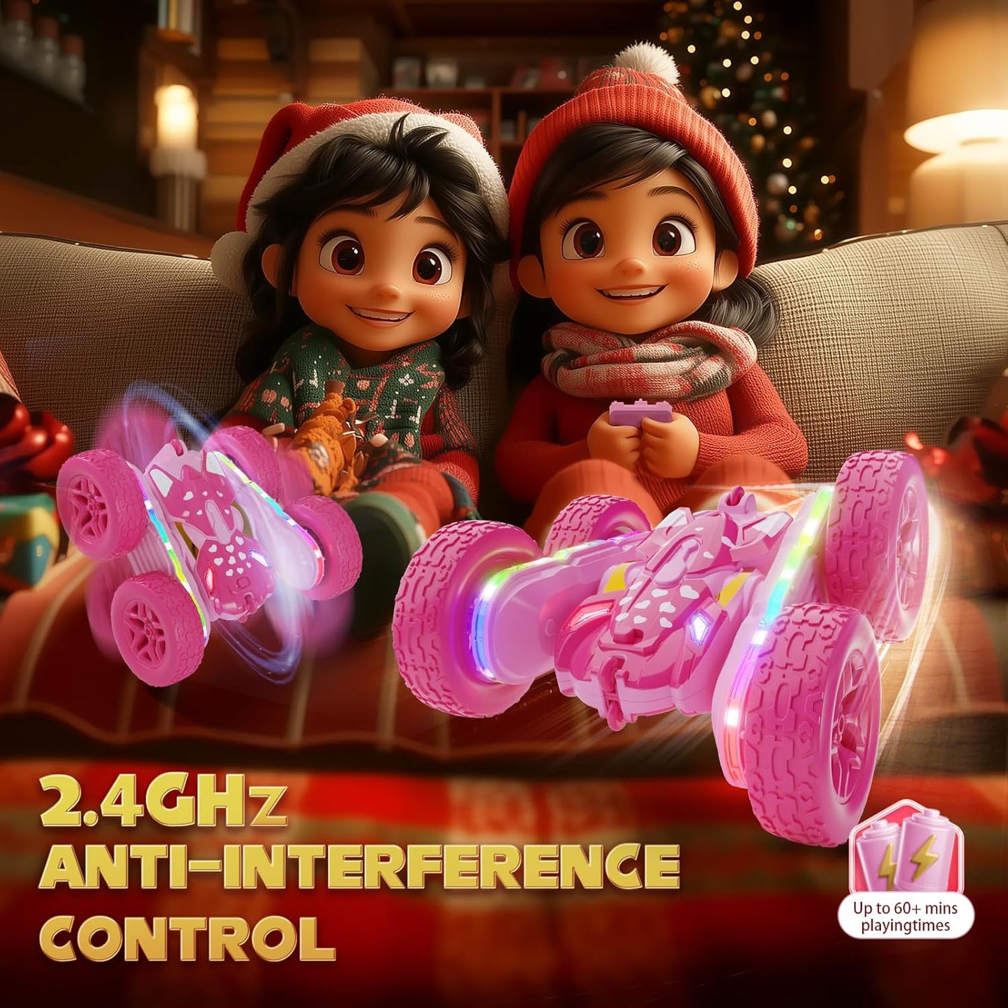 Remote Control Car for Girls, Pink RC Cars Stunt RC Car Girl Toys for Girls Double-Sided 360° Rotating with Headlights 4WD Kid Toys for Birthday Gifts (Pink)