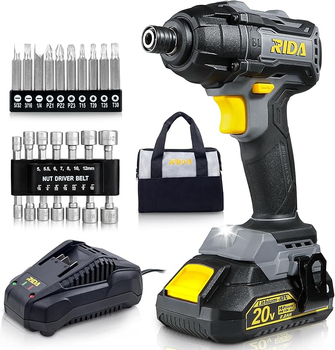 RIDA Cordless Brushless Impact Driver 180N.m, 20V Electric Impact Drill/Driver Set 1/4" All-Metal Hex Chuck,Variable Speed 2.0Ah Battery & Fast Charger, 25 Pcs S2 Bits & Tool Bag for Home DIY Use