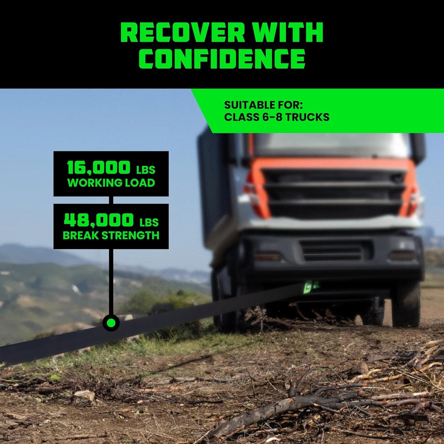 Rhino USA Recovery Tow Strap (6" x 30') - 48,000lb Break Strength - Emergency Recovery Strap Tow Rope for Big Trucks, SUV, Backhoe, Excavators & More - Heavy Duty Towing Strap for Offroad 4x4 Use