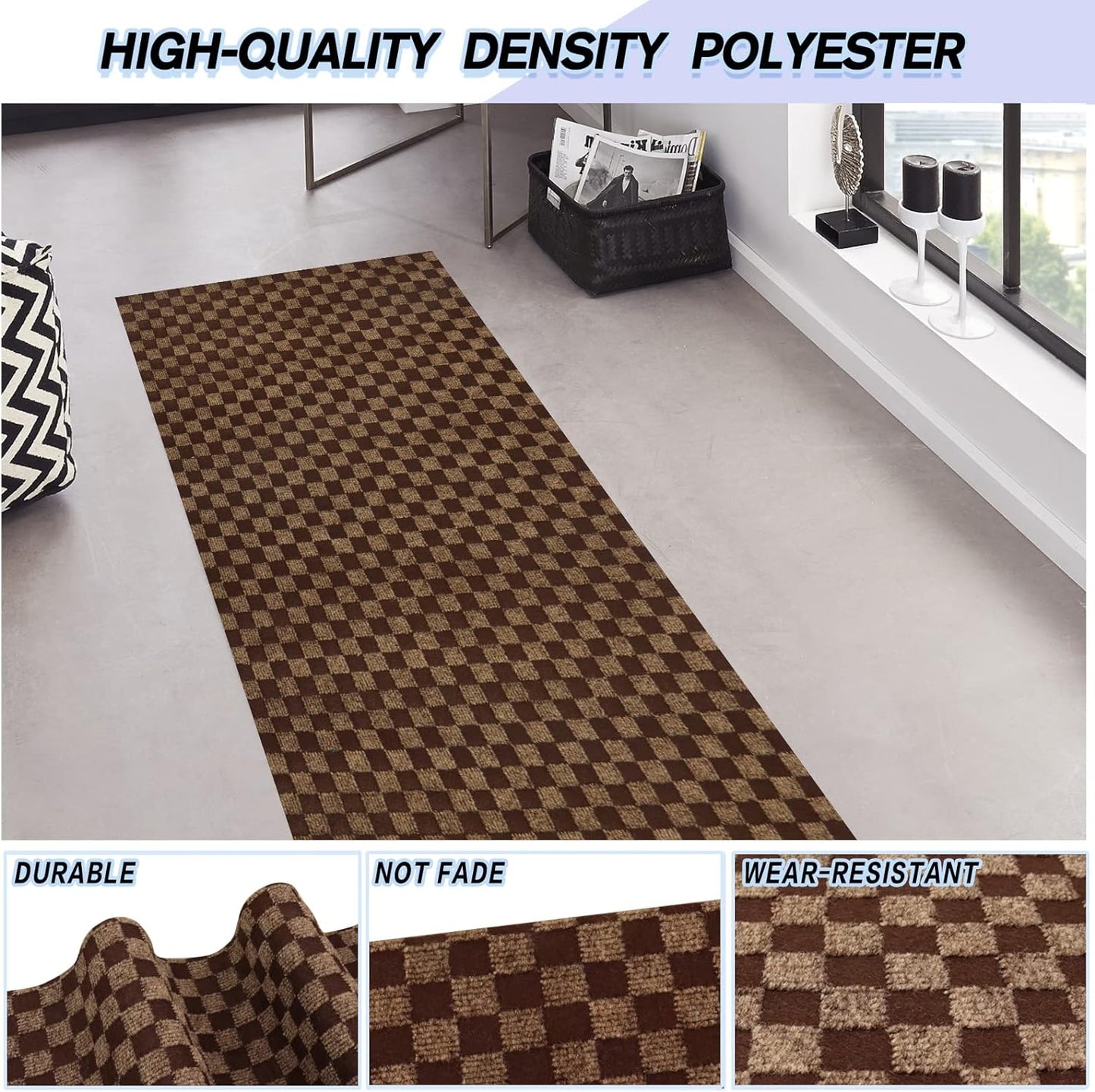 Custom Size Backed Non-Slip Area Rugs Runner, Easy Clean, Waterproof Runner Rugs for Hallway Entryway, Kitchen, Laundry, 2FT x 7FT, Brown Checkered