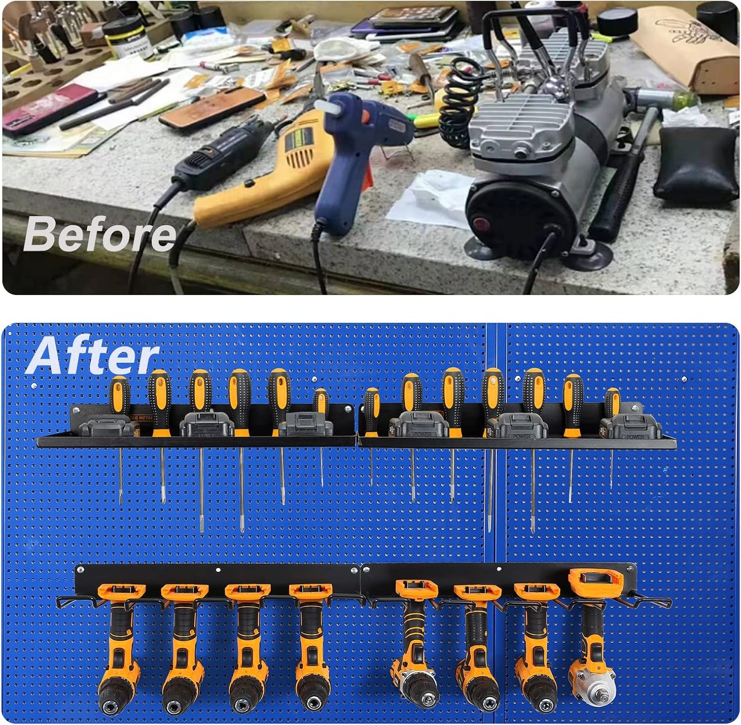 Power Tool Organizer with Charging Station, Drill Holder, Wall Mount, Garage Storage Shelves, Heavy Duty Pegboard Wall Organizer Set, Solid Metal, Black, 2 Pack, 4 Set