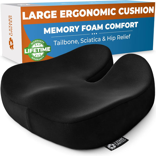 5 STARS UNITED Seat Cushion for Tailbone Pain Relief – Large Memory Foam Lifting Pillow for Coccyx, Hip, Sciatica & Post-Surgery Recovery – Wheelchair, Car, Desk, Gaming & Office Chairs, Black