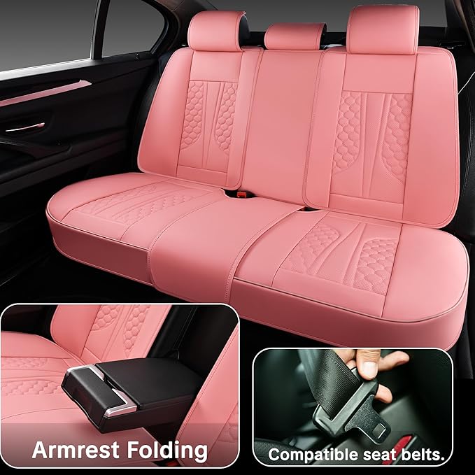 Pink Car Seat Covers Full Set – Stylish Leather Waterproof Seat Protectors for Cars, SUVs & Trucks, Airbag Compatible, Non-Slip Design, Easy to Install, Fits Most Vehicles